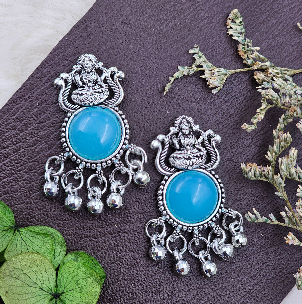 Traditional Silver Oxidised Blue Stone Jhumki Drop Earrings