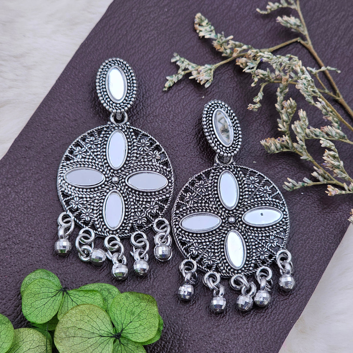Oxidized Silver Mirror Drop Danglers