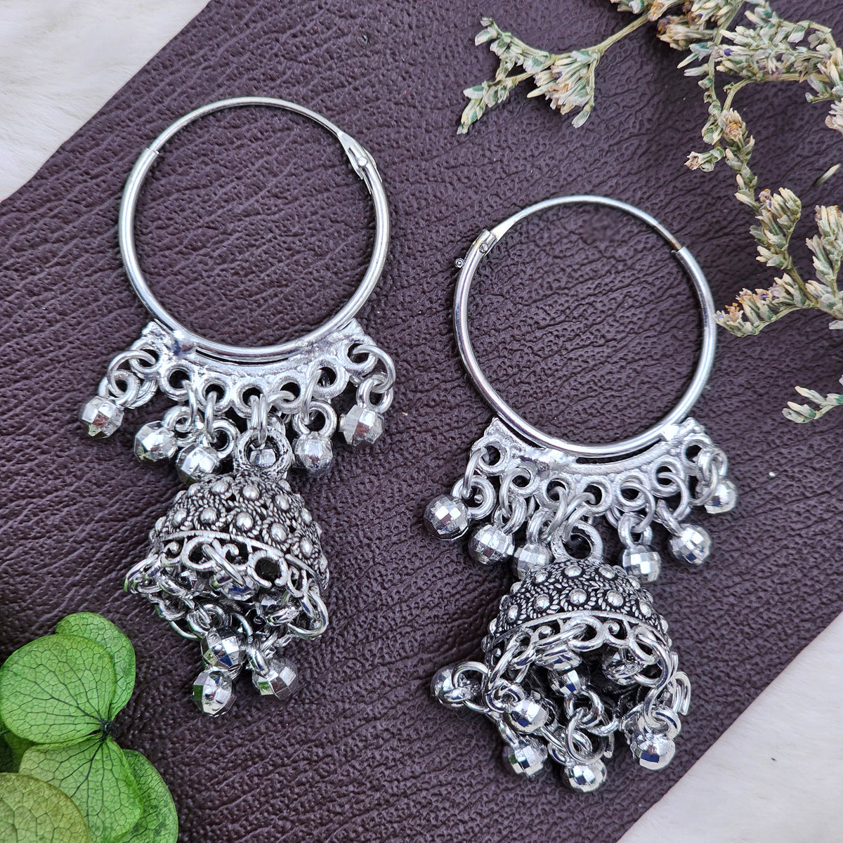 Oxidised Silver Hoop Jhumka Earrings