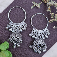 Oxidised Silver Hoop Jhumka Earrings