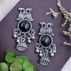Silver Oxidised Peacock Jhumki Drop Earrings