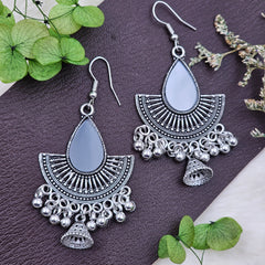 Oxidised Silver Mirror Teardrop Jhumka Earrings