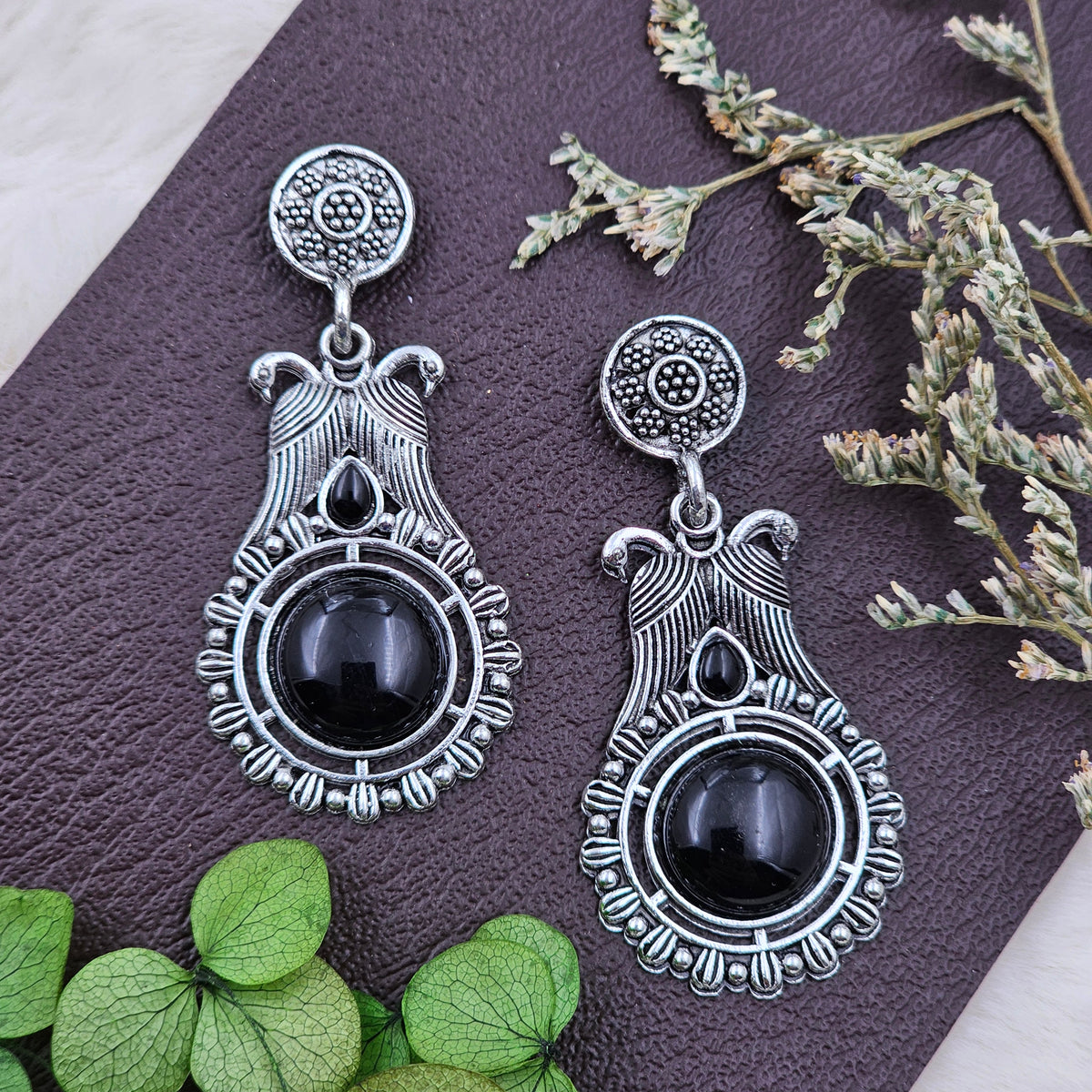 Elegant Silver Oxidised Black Stone Earrings