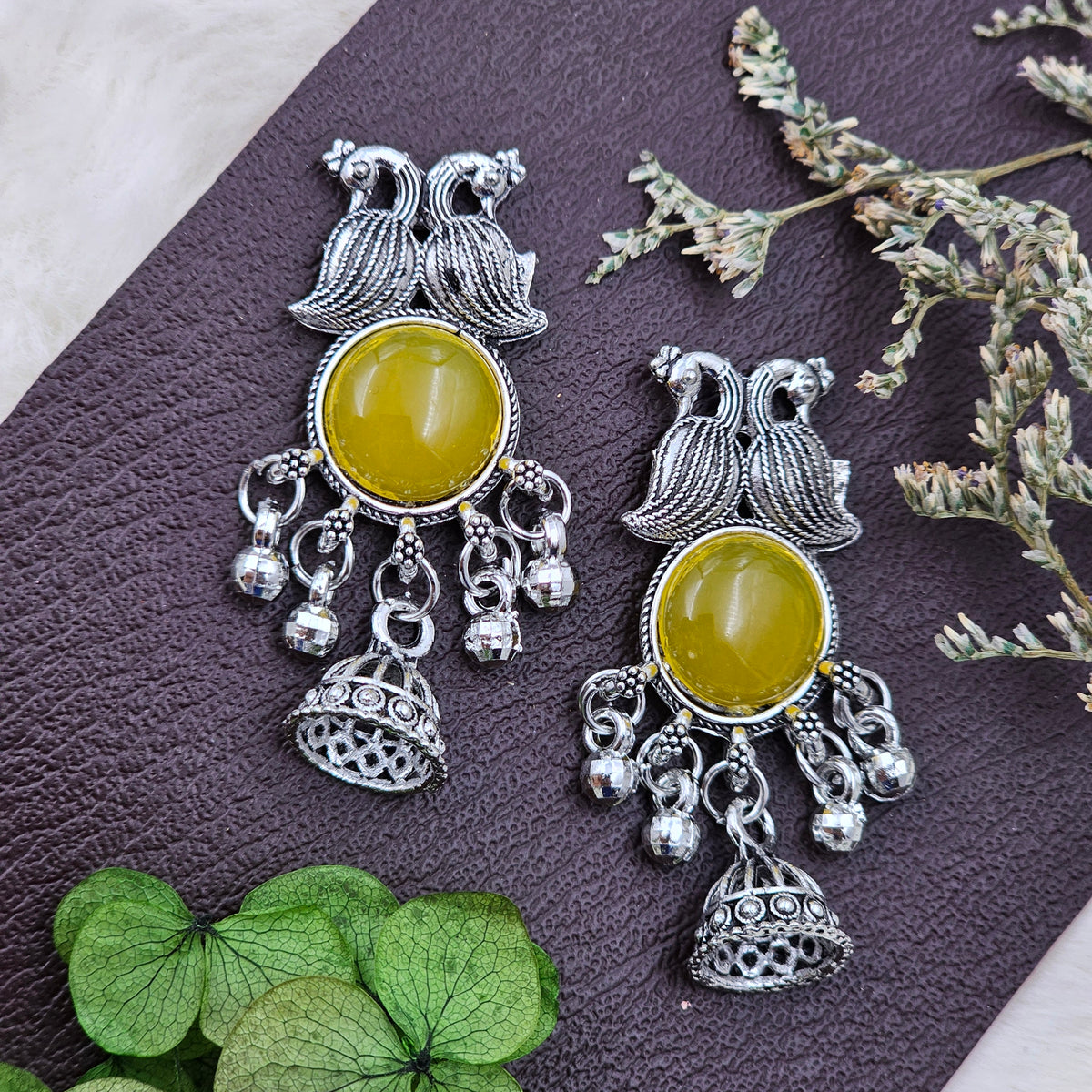 Yellow Stone Peacock Silver Oxidised Jhumki Drop Earrings