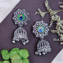 Silver-Toned Peacock Design Oxidized Jhumki