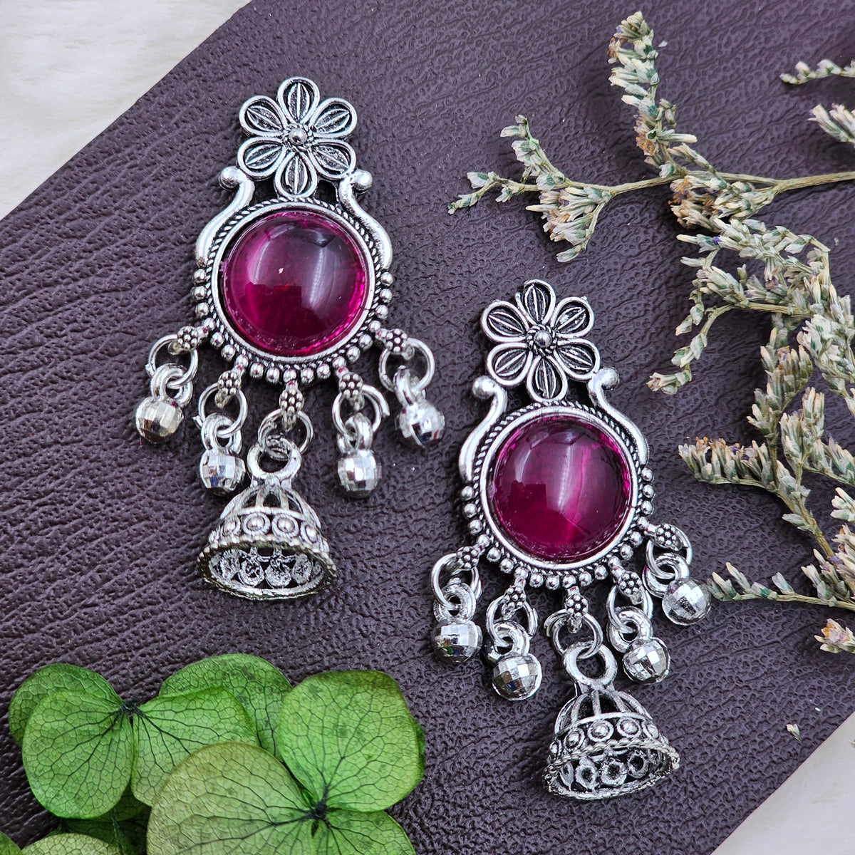 Traditional Silver Oxidised Pink Stone Jhumki Drop Earrings