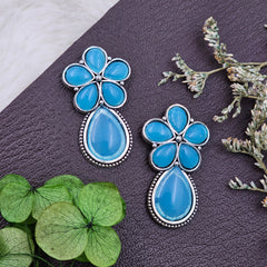 Teardrop Silver Oxidised Blue Stone Earrings