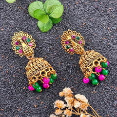 Golden Oxidised Peacock Shape Multicolor Beads & Stone Jhumka Earrings