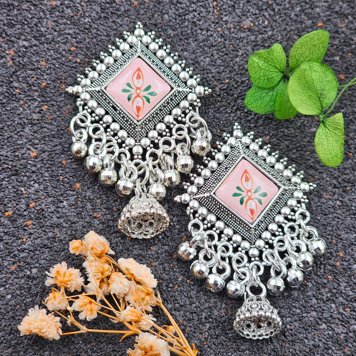 Rangoli Design Sticker Drop Jhumka & Beads Silver Oxidised Earrings