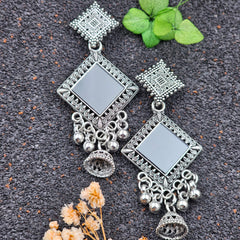 Traditional Black Mirror Silver Oxidized Jhumka Earrings