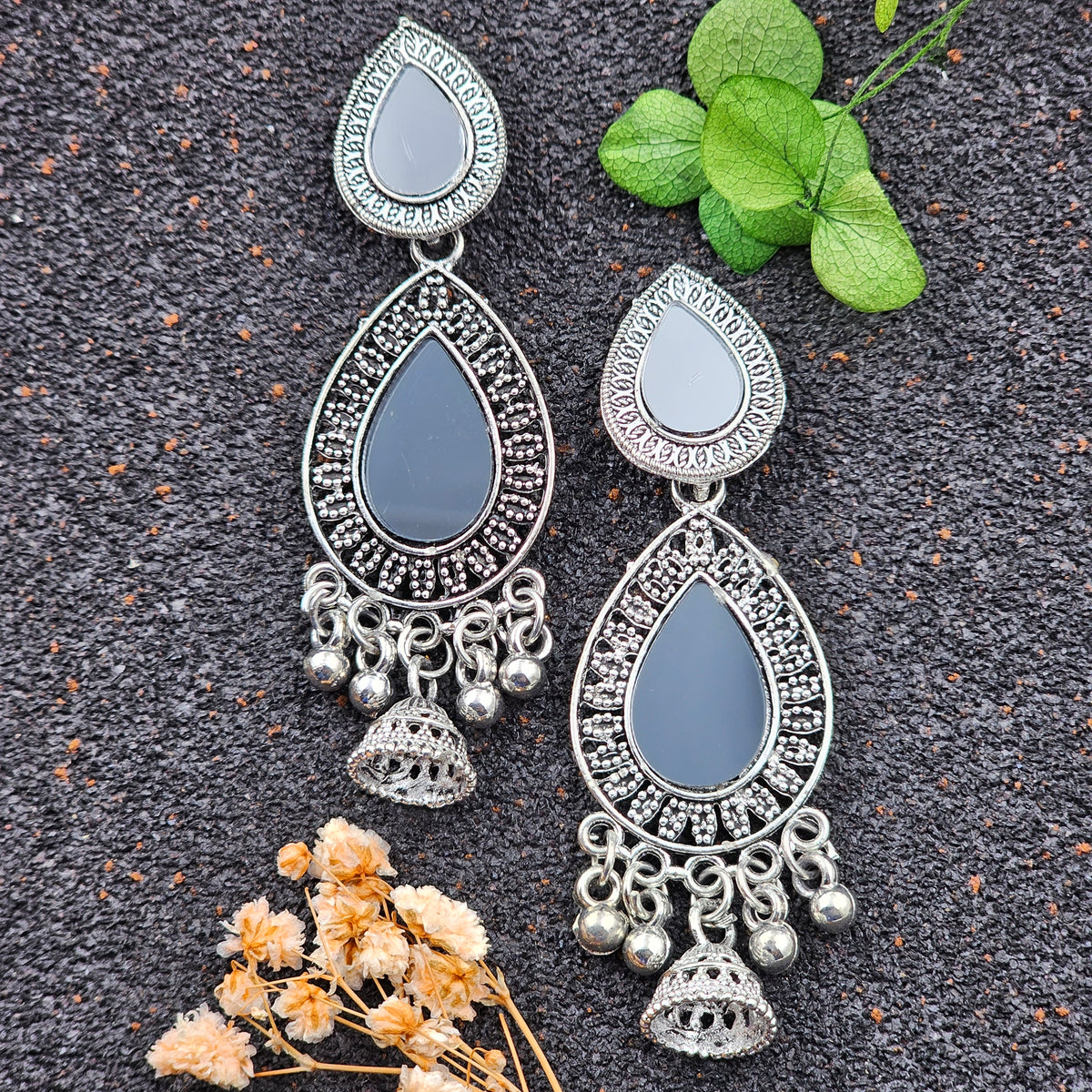 Silver Oxidized Black Mirror Teardrop Stud Earrings