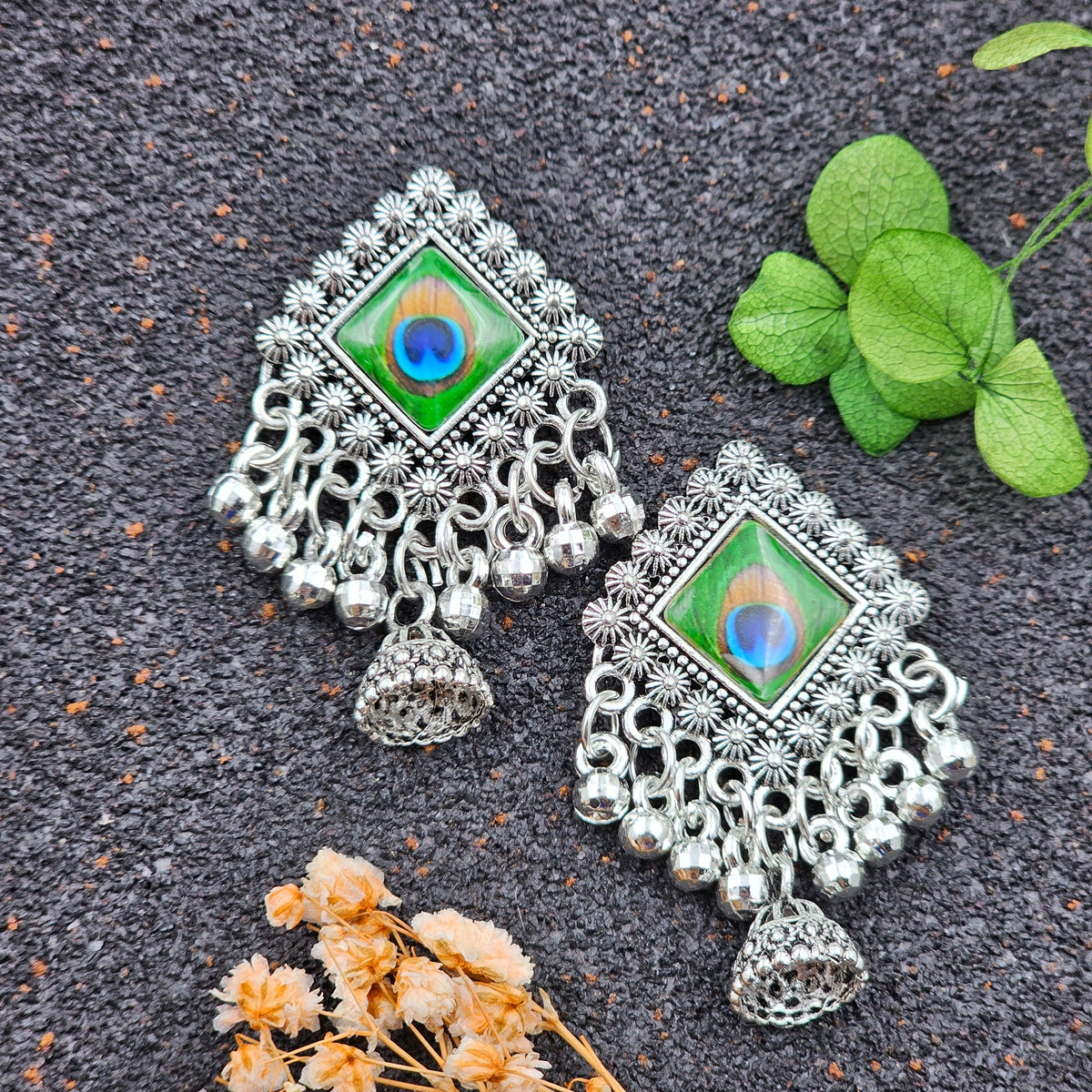 Peacock Design Sticker Drop Jhumka & Beads Silver Oxidised Earrings