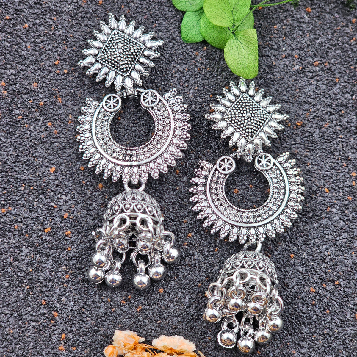 Chaandbali Drop Jhumka Silver Oxidised Earrings
