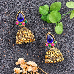 Multicolor Stons Cute Golden Oxidised Jhumka Trendy Earrings