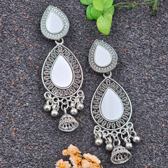 Tikka Shape Mirror Drop Jhumka & Beads Silver Oxidised Earrings