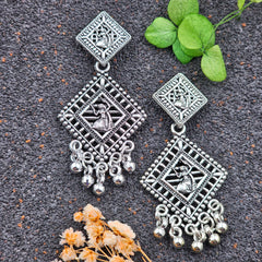Dancing Girl Square Shape Drop Beads Silver Oxidised Earrings