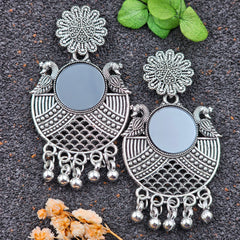 Floral Stud Peacock Round Black Mirror Silver Oxidised Earrings