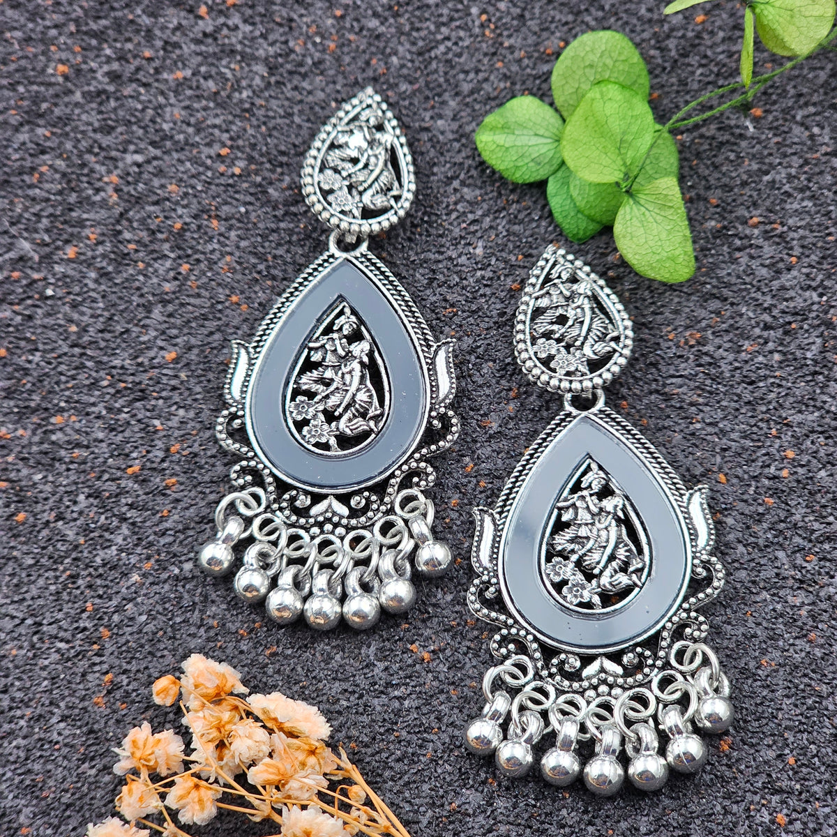 Silver Oxidized Black Mirrored Water Drop Shape Earrings