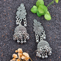 Peacock Design Silver Oxidised Jhumka Drop Beads Earrings
