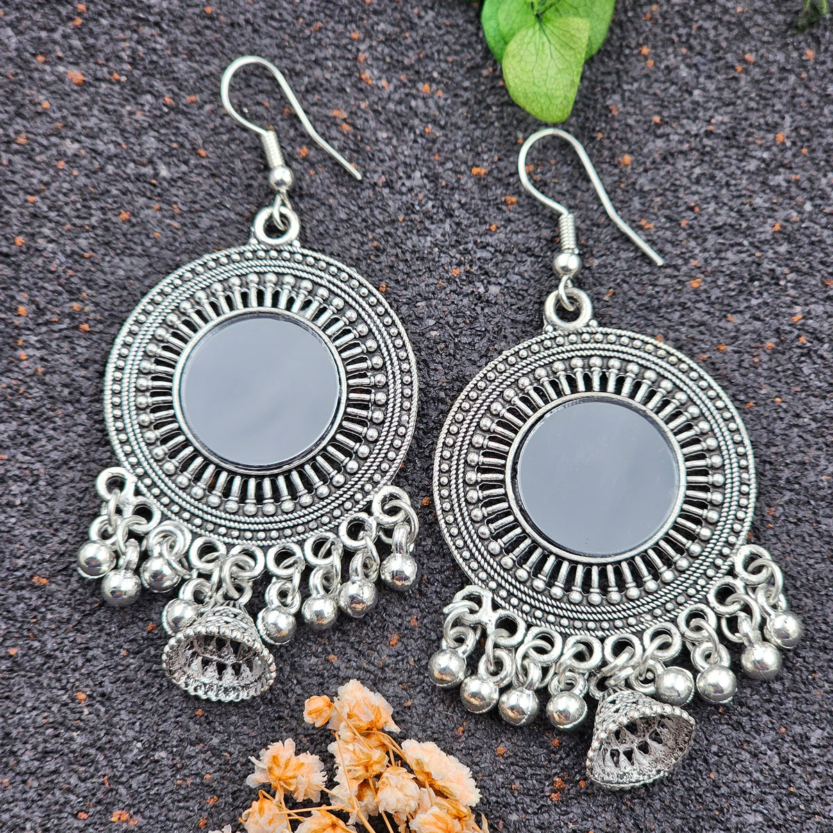 Silver Oxidized With Black Mirror Fish Hook Dangler Drop Earrings