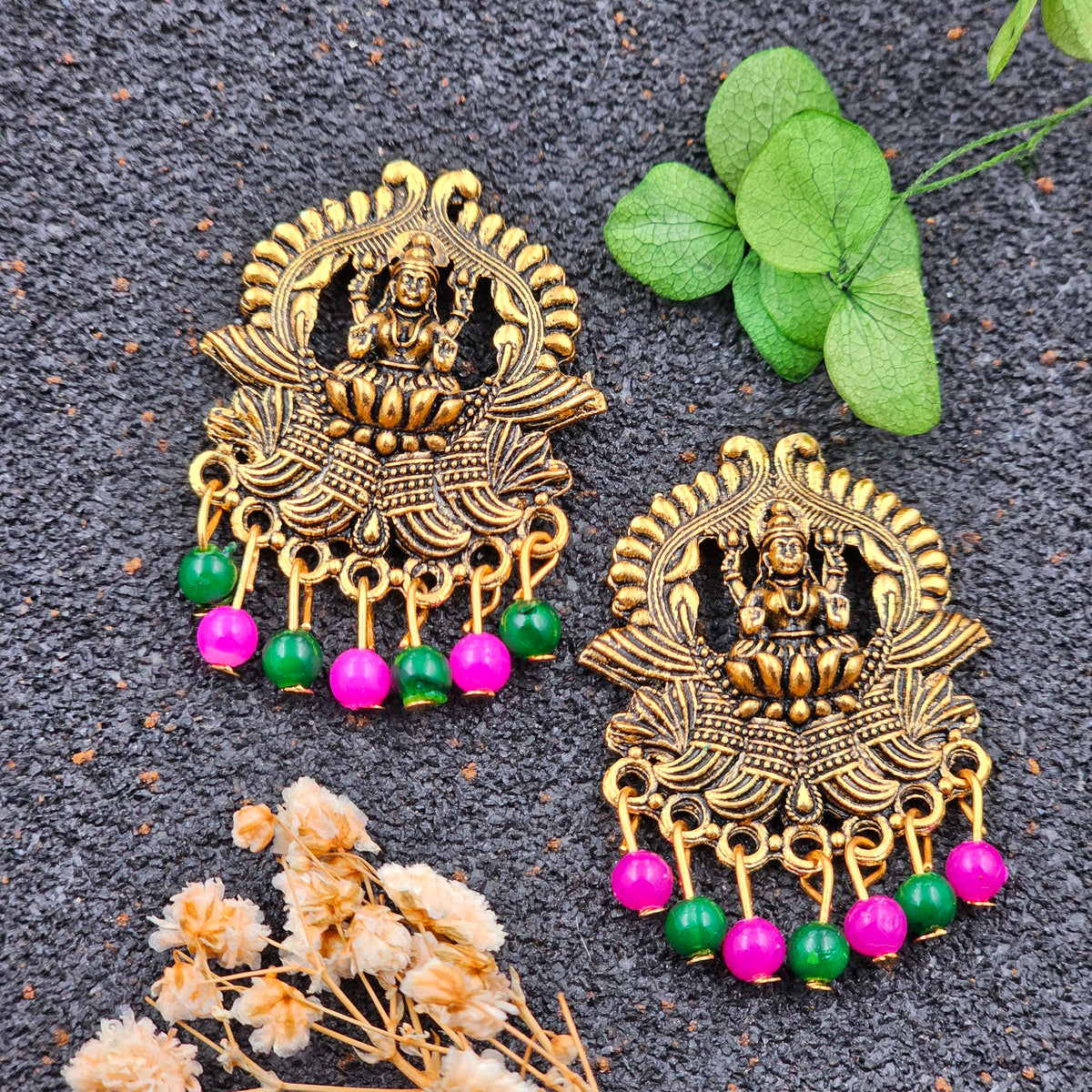 Goddess Golden Oxidised Pink & Green Beads Earrings