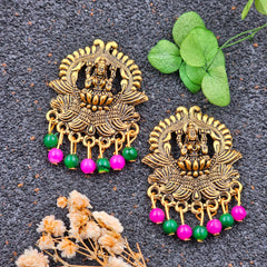 Goddess Golden Oxidised Pink & Green Beads Earrings