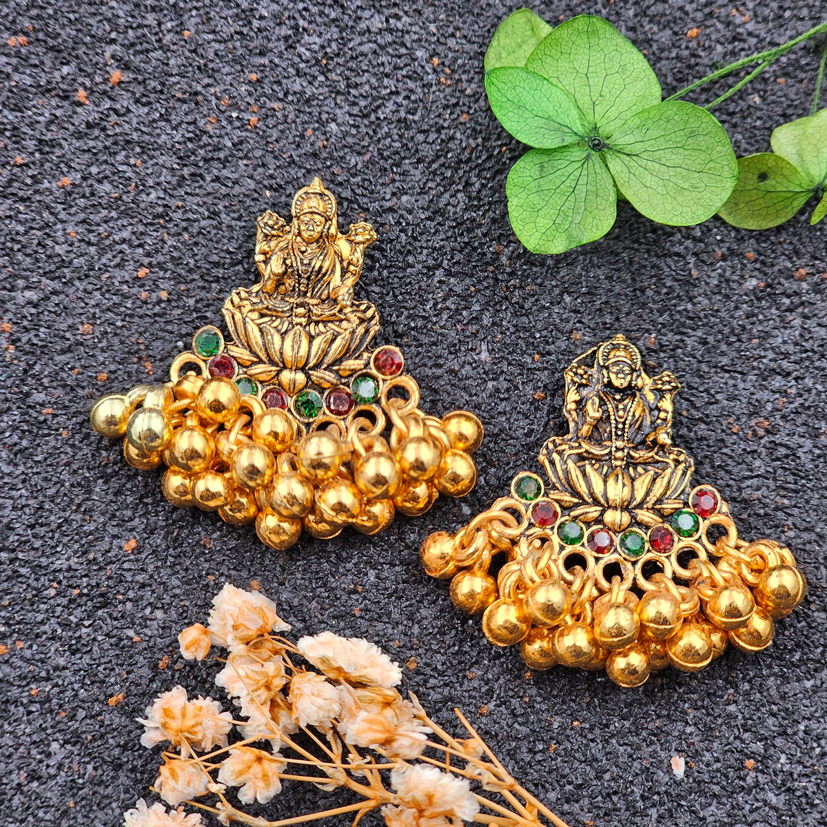 Traditional Golden Oxidized Goddess Red & Green Stone Drop Earrings