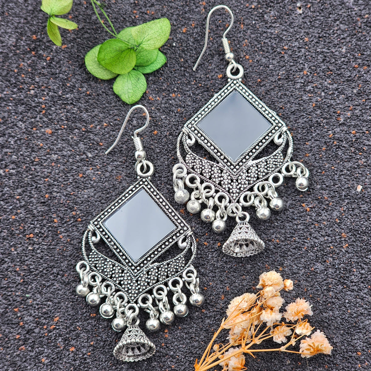 Cute Silver Oxidized Black Mirror Drop Jhumka Earrings
