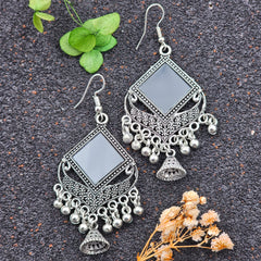 Cute Silver Oxidized Black Mirror Drop Jhumka Earrings