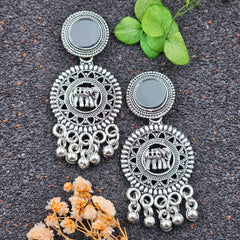 Elephant Design Silver Oxidized Black Mirror Earrings