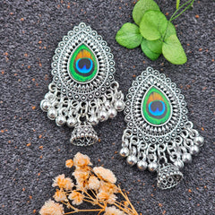 Peacock Sticker Tikka Shape Drop Beads & Jhumka Silver Oxidised Earrings