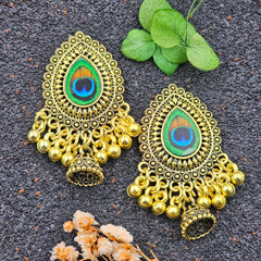 Tikka Shape Drop Beads & Jhumka Golden Oxidised Earrings