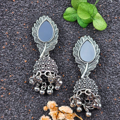 Mirror Tikka Shape Silver Oxidized Peacock Feather Drop Jhumka Earrings