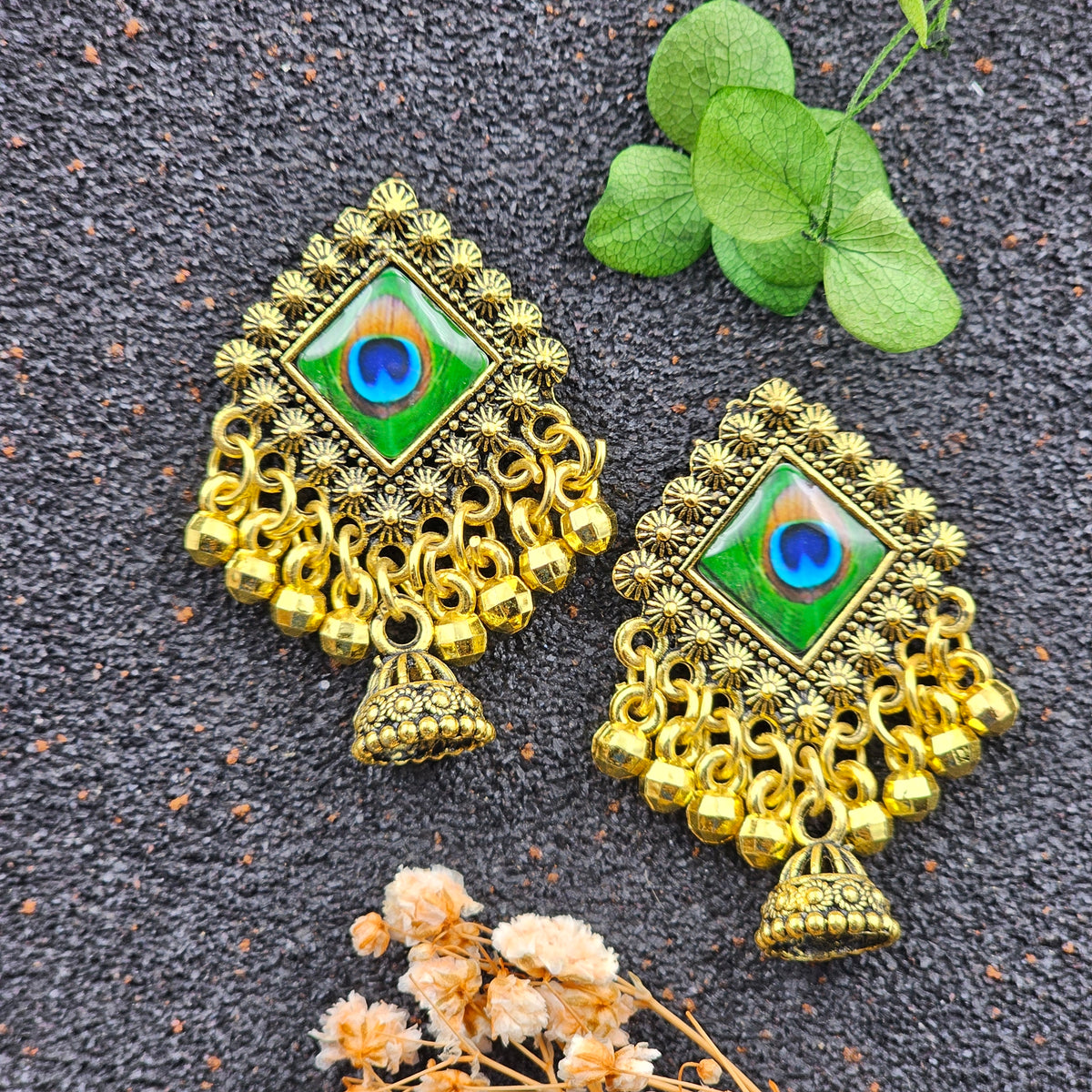 Peacock Design Sticker Golden Oxidised Drop Jhumka Beads Earrings