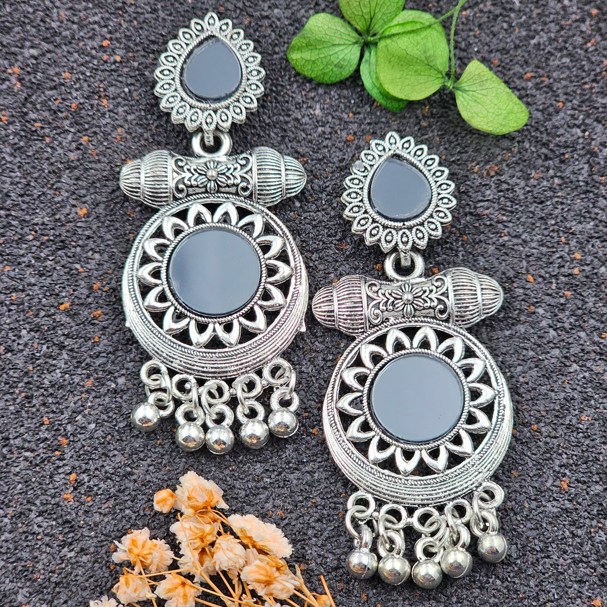 Round & Tikka Shape Black Mirror Silver Oxidised Earrings