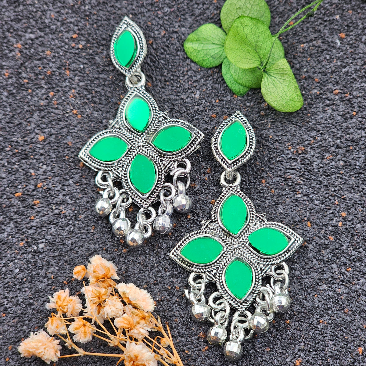 Green Color leaf Design Drop Beads Silver Oxidised Earrings
