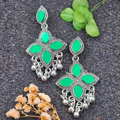 Green Color leaf Design Drop Beads Silver Oxidised Earrings
