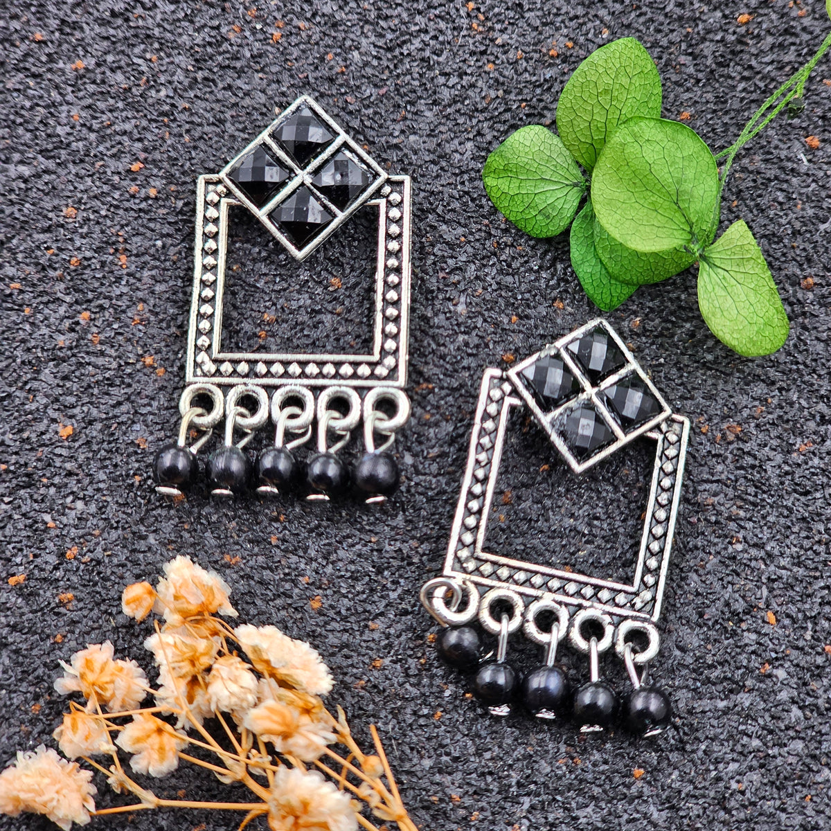 Black Stone Oxidised Square Drop Beads Earrings