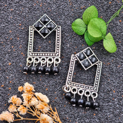 Black Stone Oxidised Square Drop Beads Earrings