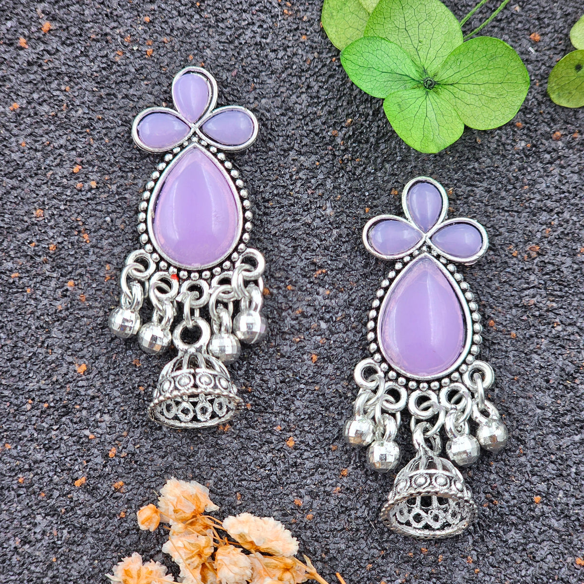 Purple Color Stone Silver Oxidized Tikka Shape Drop Jhumka Earrings