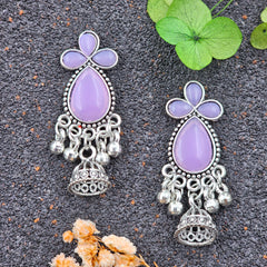 Purple Color Stone Silver Oxidized Tikka Shape Drop Jhumka Earrings