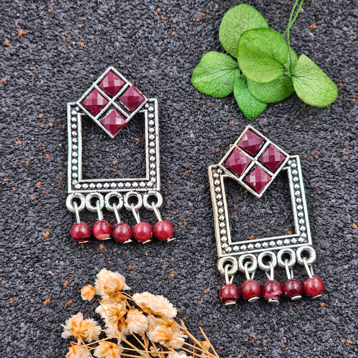 Oxidized Silver Red Stone Studded Square Shape Earrings