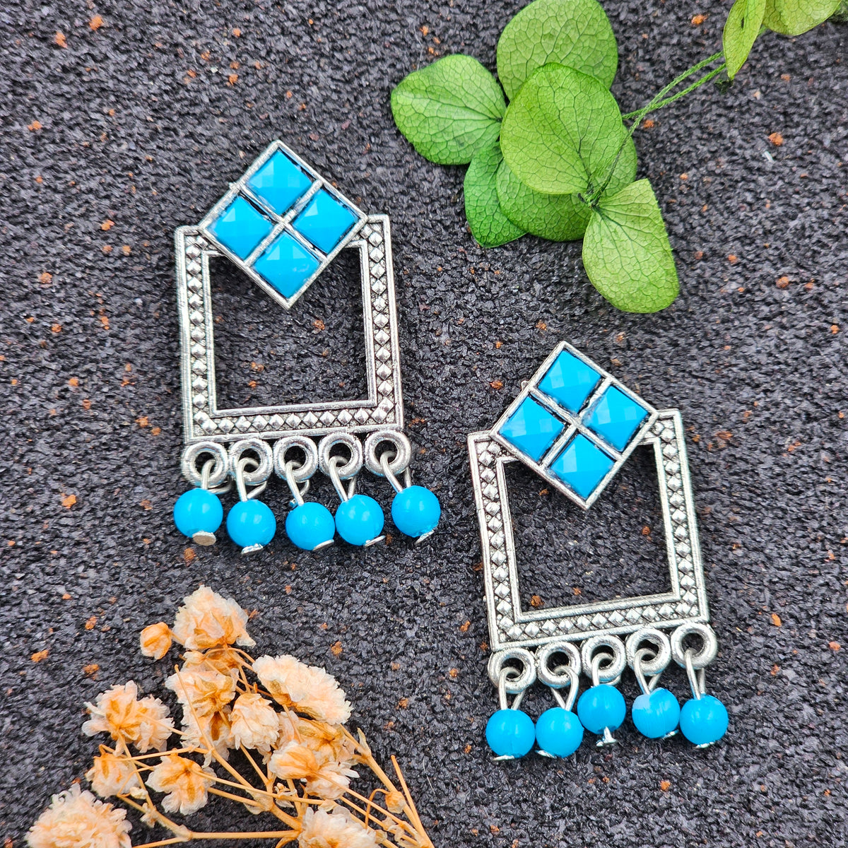 Blue Stone & Beads Squre Silver Oxidised Earrings