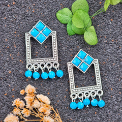 Blue Stone & Beads Squre Silver Oxidised Earrings