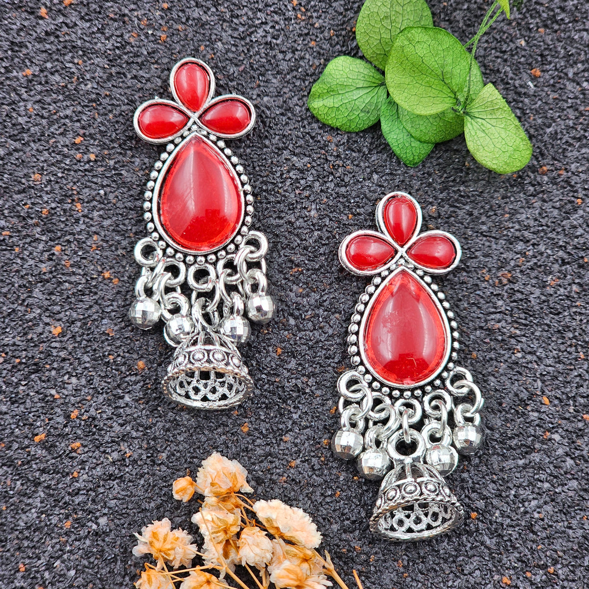 Tikka Shape Red Stone Drop Beads & Jhumka Silver Oxidised Earrings