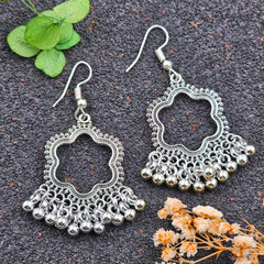 Star Shape Drop Beads Fish Hook Silver Oxidised Earrings