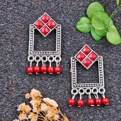 Red Color Square Stone & Beads Silver Oxidised Earrings