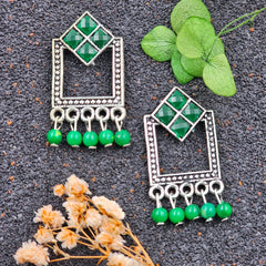 Silver Oxidized Green Stone Beads Earrings