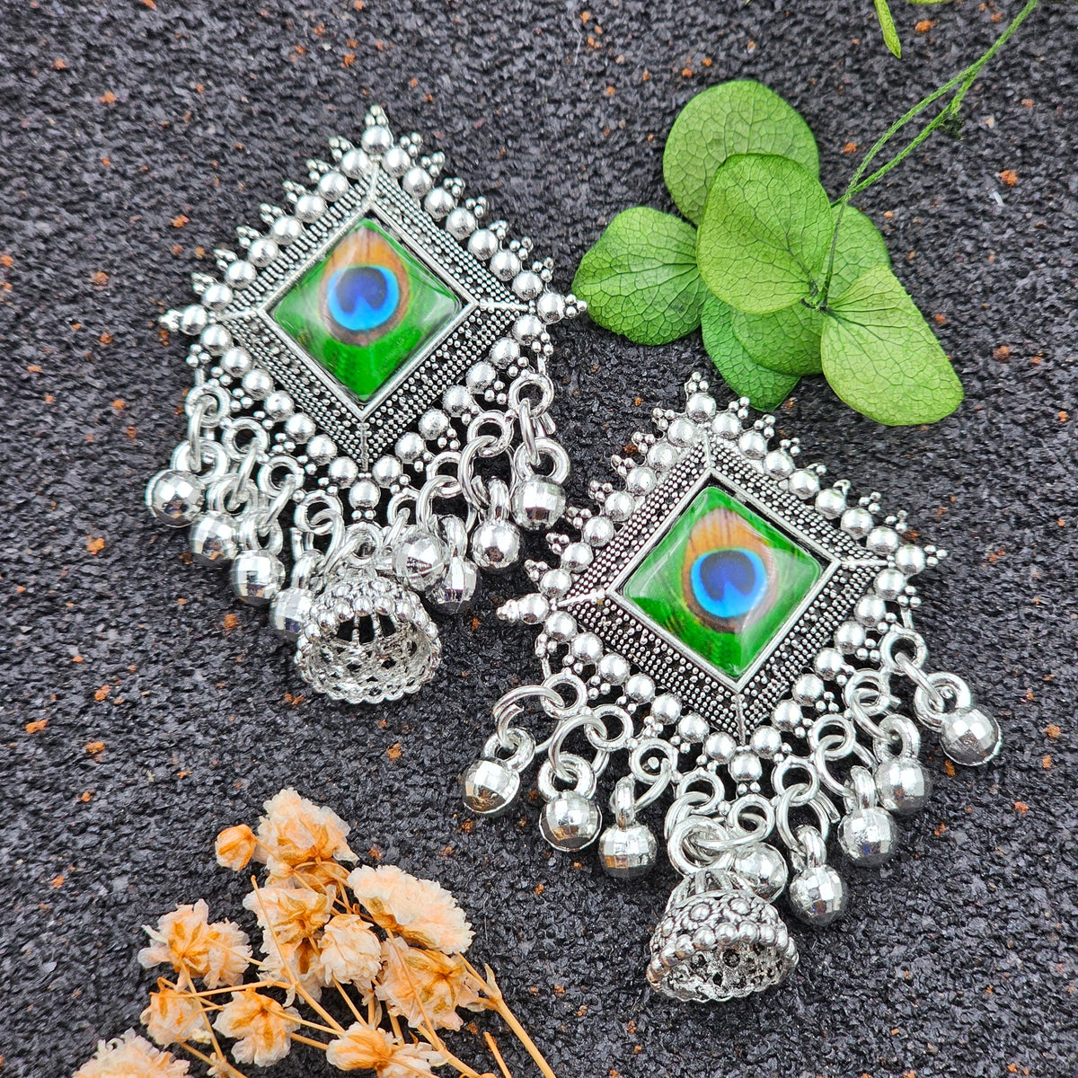 Peacock Design Square Sticker Drop Jhumka Earrings