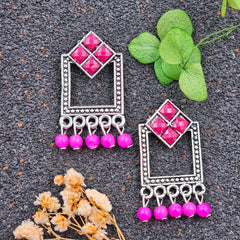Silver Oxidized Pink Square Stones Earrings